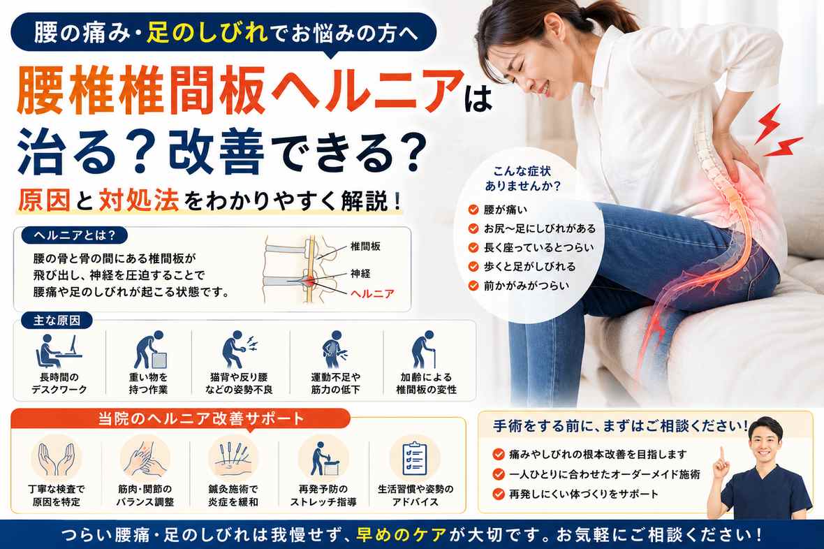 腰椎椎間板ヘルニアは治る？腰痛・足のしびれの原因と改善の考え方