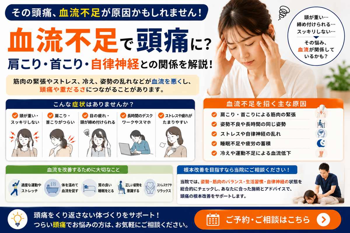 血流不足で頭痛になる？肩こり・首こり・自律神経との関係を解説