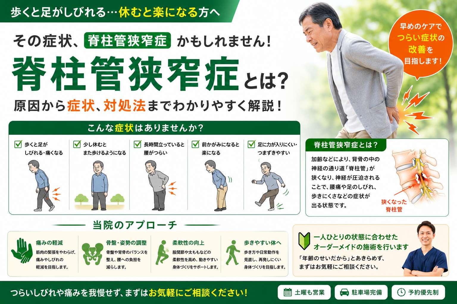 脊柱管狭窄症とは？歩くと足がしびれる・休むと楽になる原因と対処法