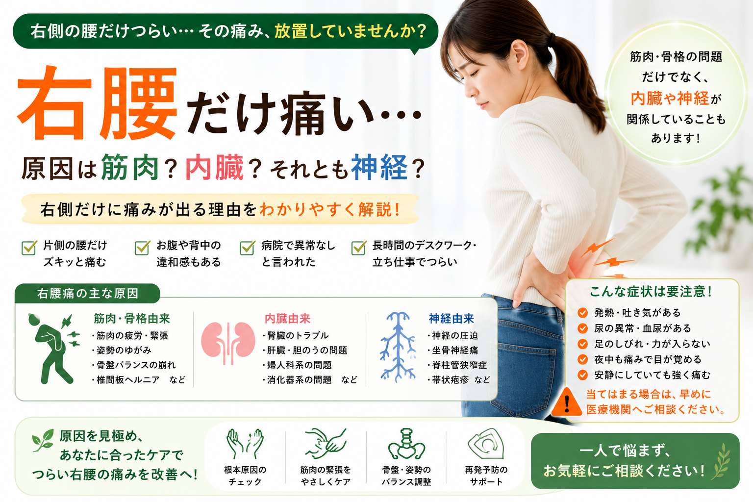 右腰だけ痛い…それって内臓？筋肉？右側だけ腰痛が出る原因を解説