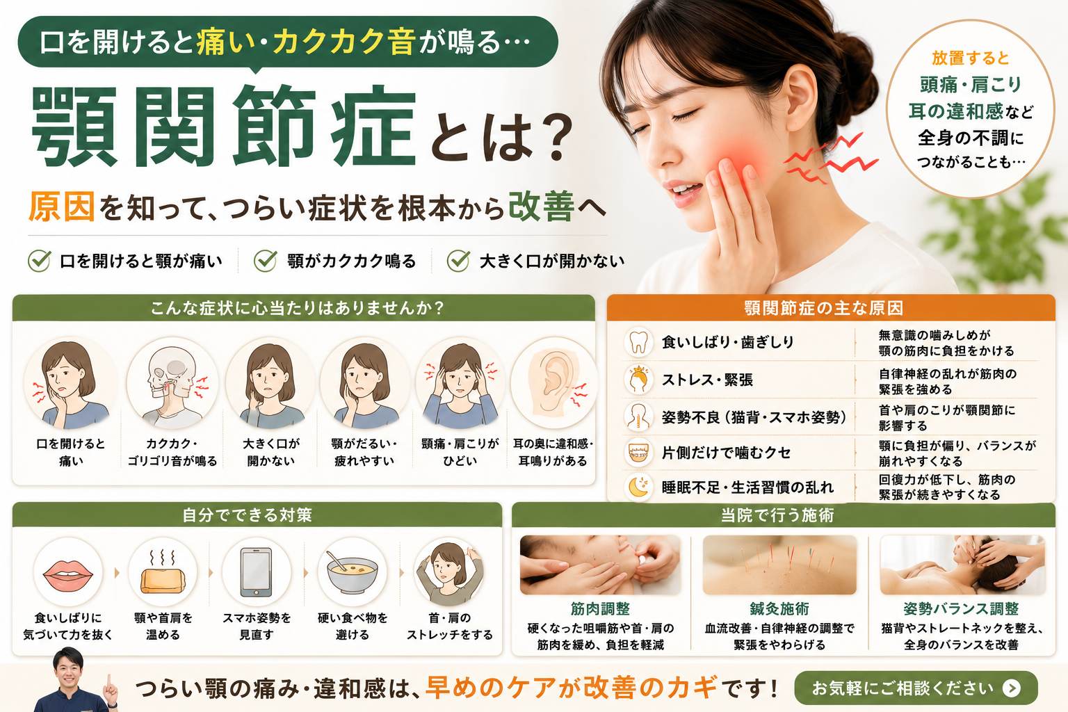 顎関節症とは？｜口を開けると痛い・カクカク音が鳴る原因と改善方法