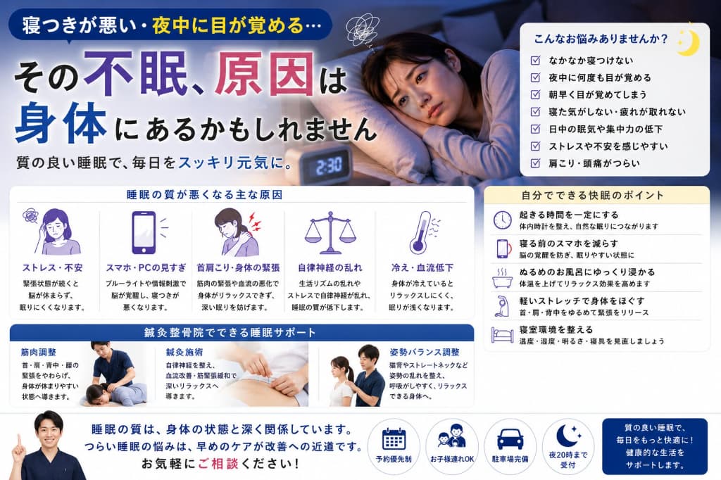 寝つきが悪い・眠れない原因とは？｜睡眠不足と自律神経・首肩こりの関係を解説