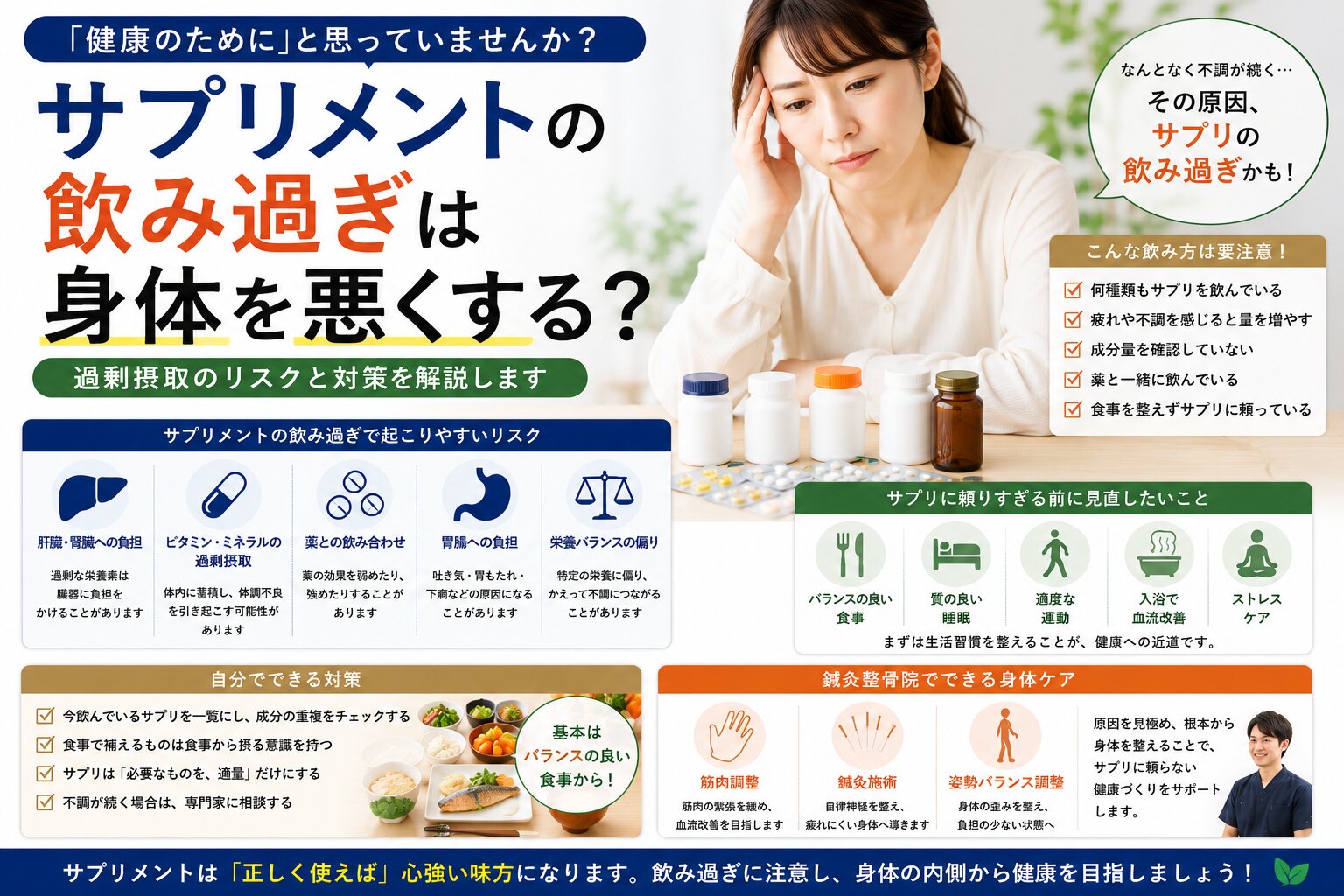 サプリメントの飲み過ぎは身体を悪くする？過剰摂取のリスクと対策