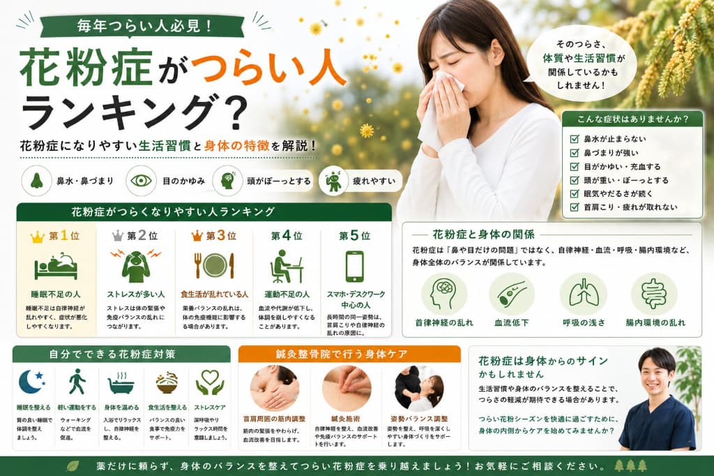 花粉症がつらい人ランキング？｜花粉症になりやすい生活習慣と身体の特徴を解説